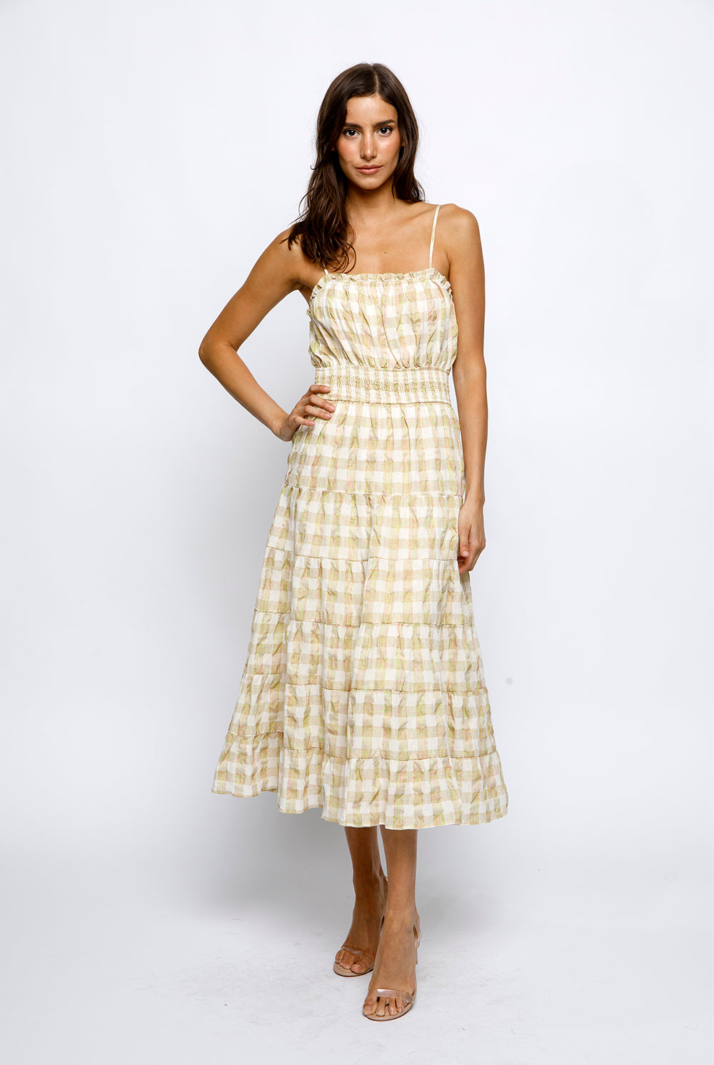 Collie Yellow Plaid Midi Dress Front