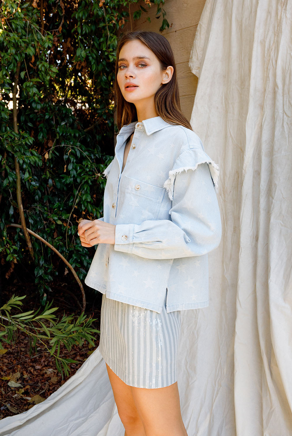 Piper Star Print Denim Button-Up Top Side