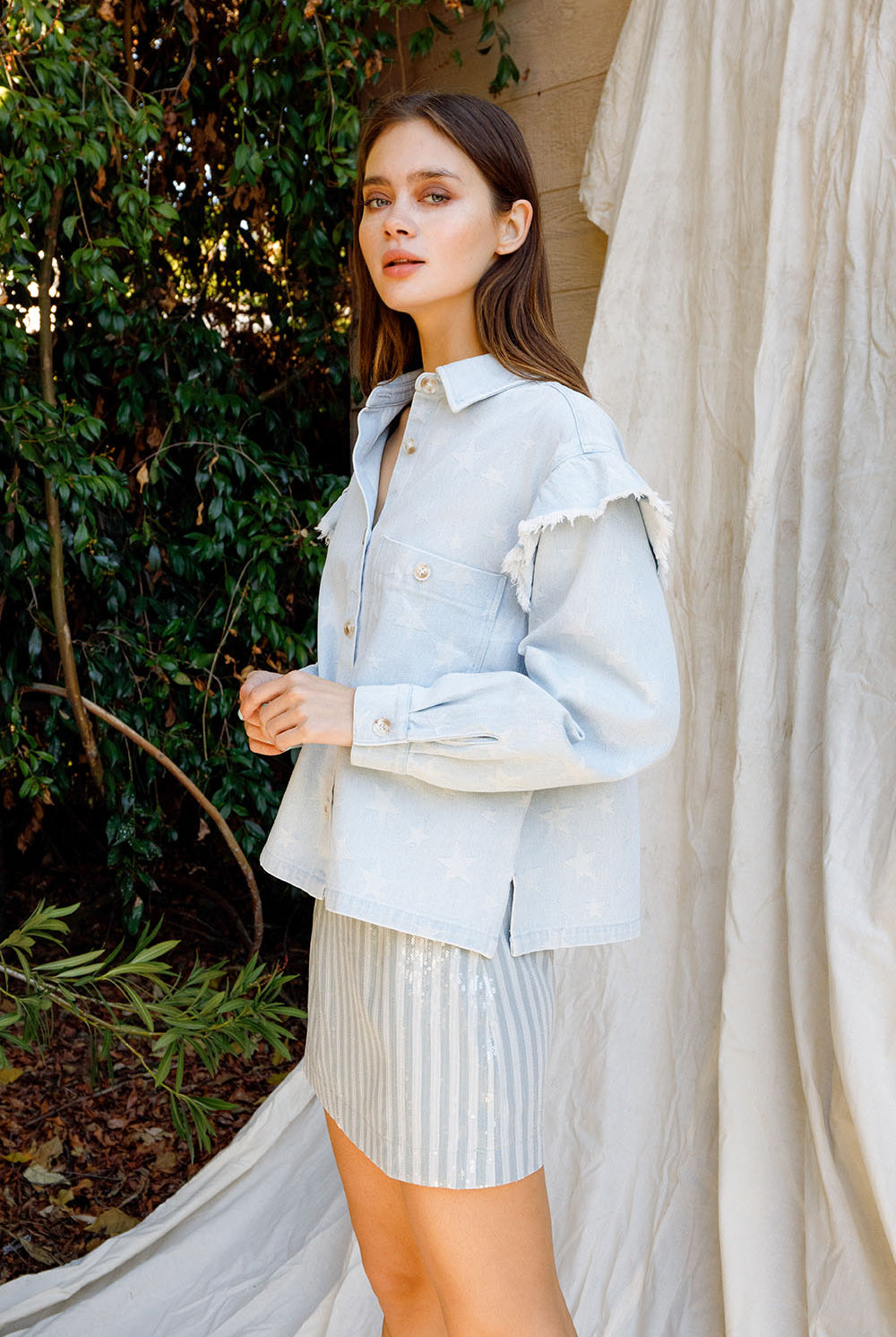 Piper Star Print Denim Button-Up Top Side