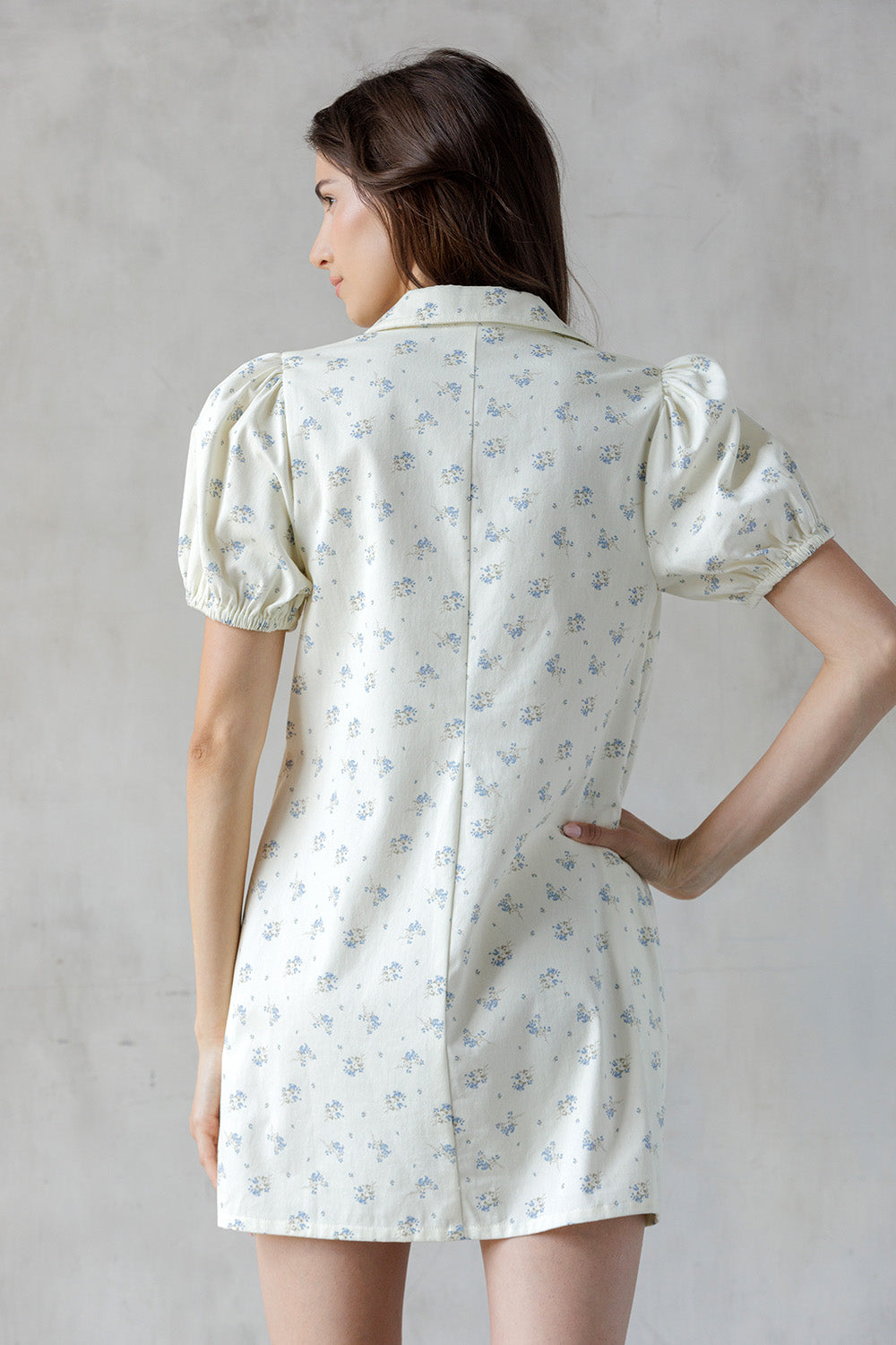 A woman shown from the back wearing a short puff-sleeve collared dress with a small blue floral print on a warm off-white background, set against a textured gray wall.