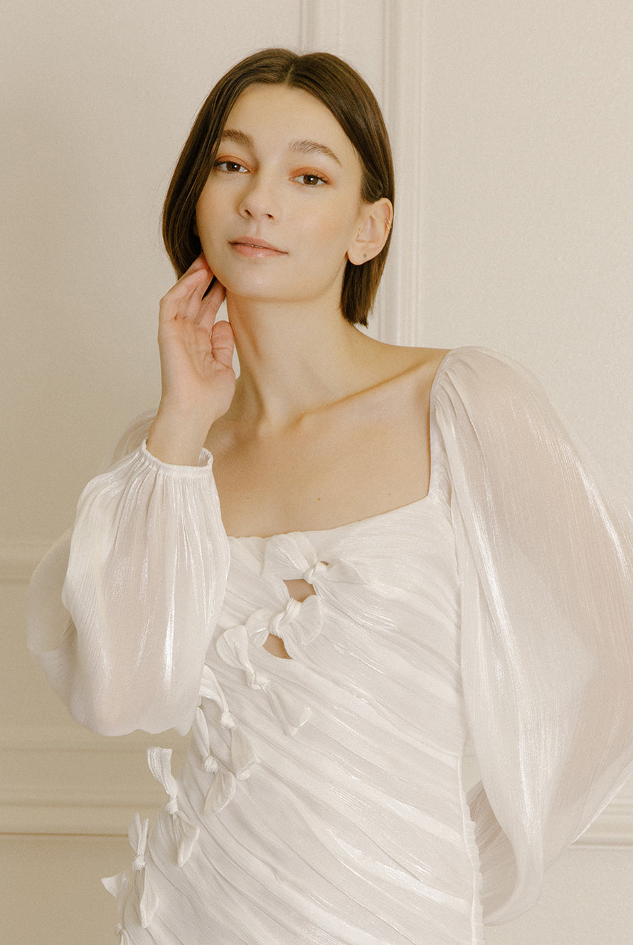 Faye Satin Bow White Bodycon Mini Dress Detail