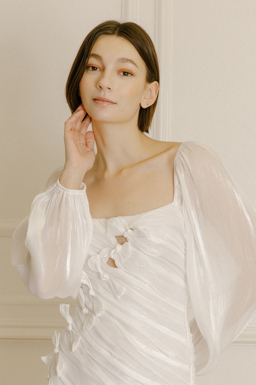 Faye Satin Bow White Bodycon Mini Dress Detail