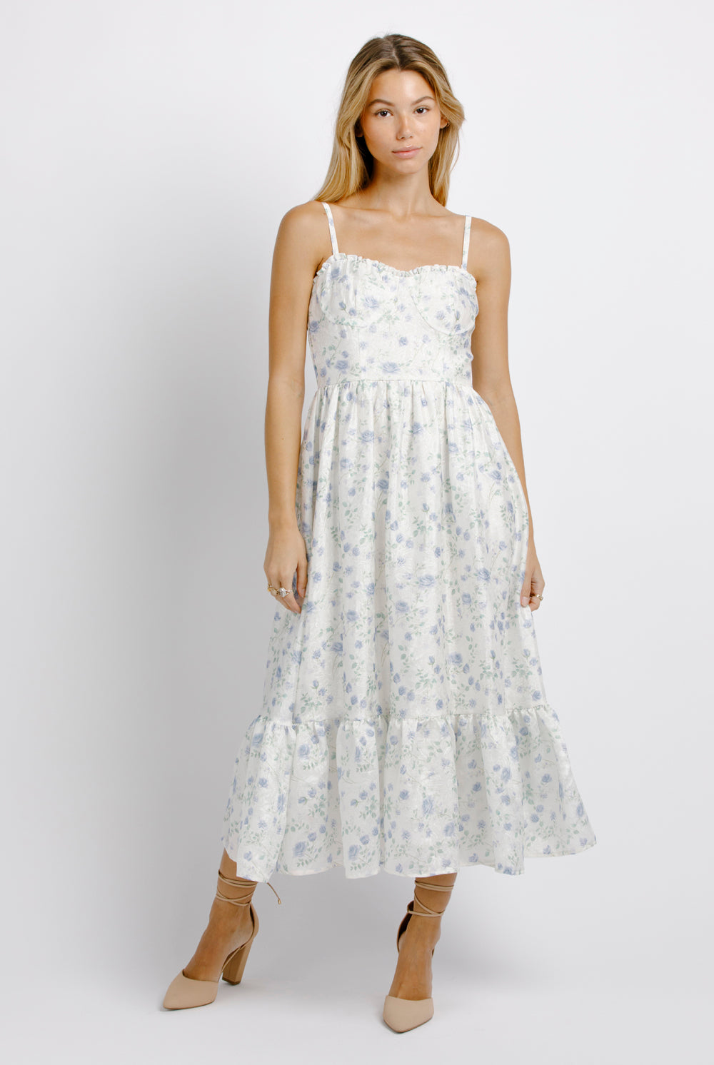 Amara Rose Blue Floral Print Dress Front