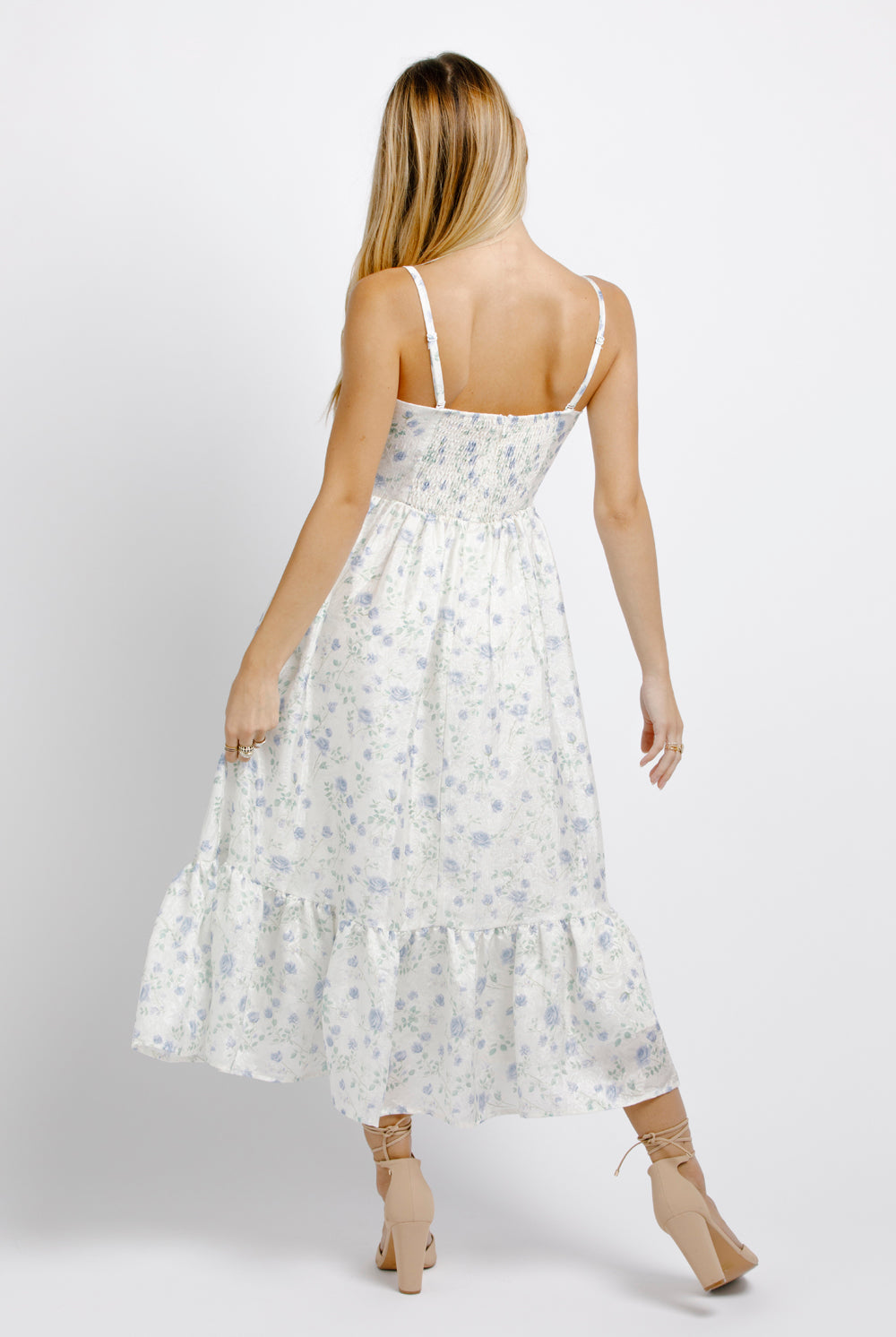Amara Rose Blue Floral Print Dress Back