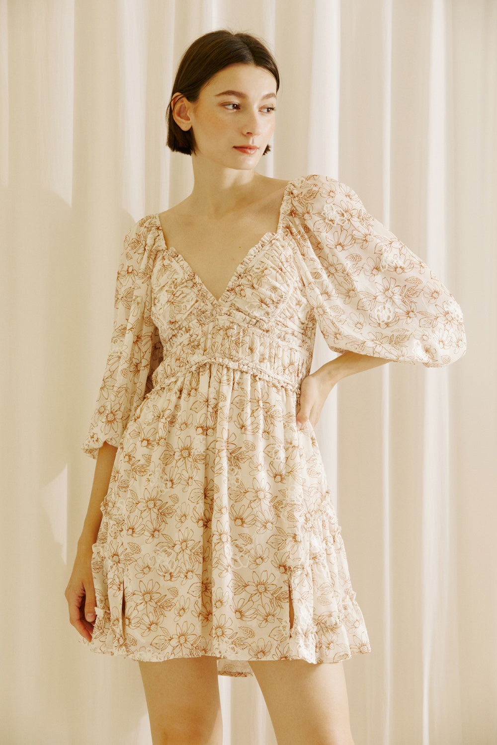 Renee Beige and Brown Daisy Print Mini Dress Alternative