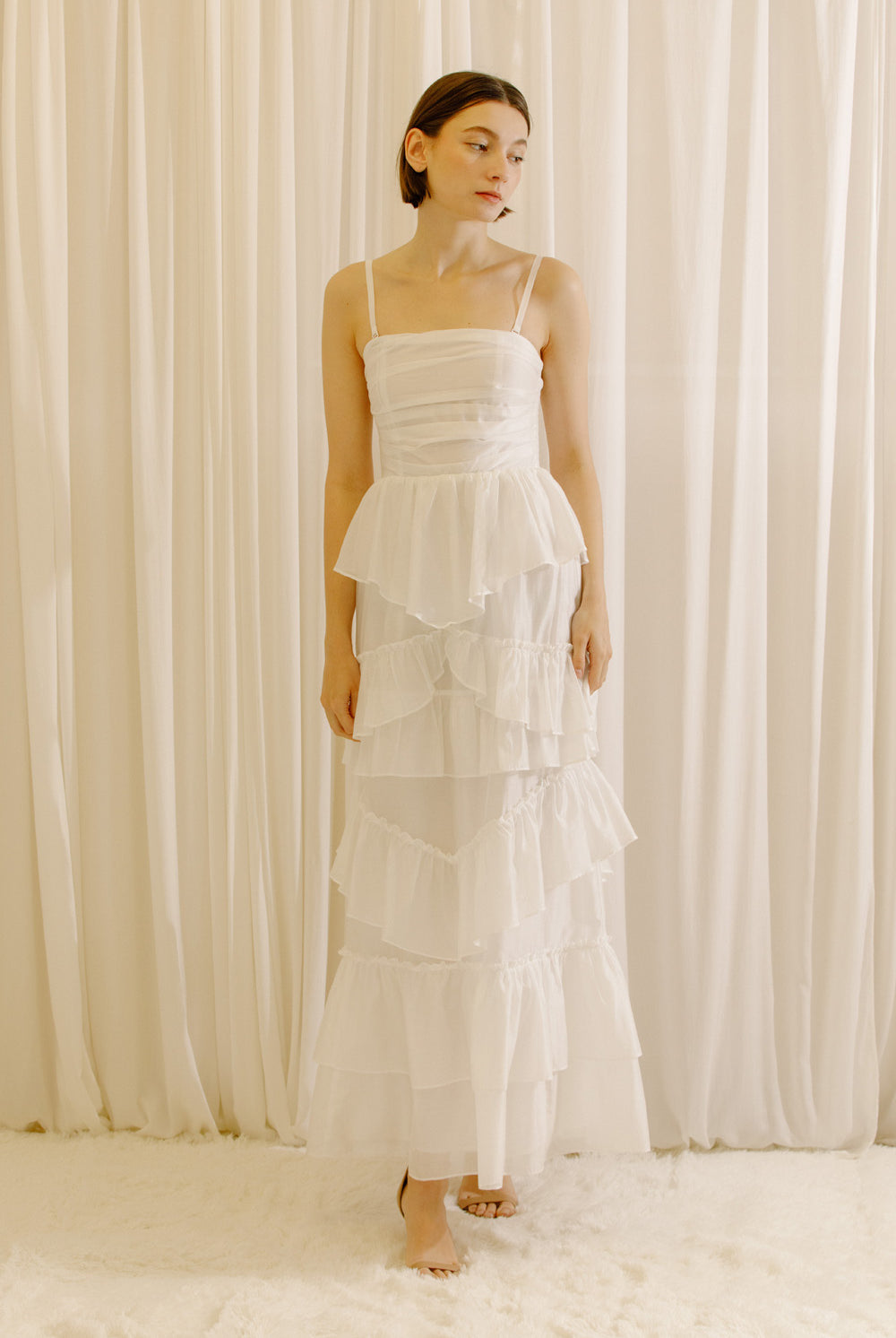 Giavana Strapless Layered Asymmetric Ruffle Maxi Dress Front