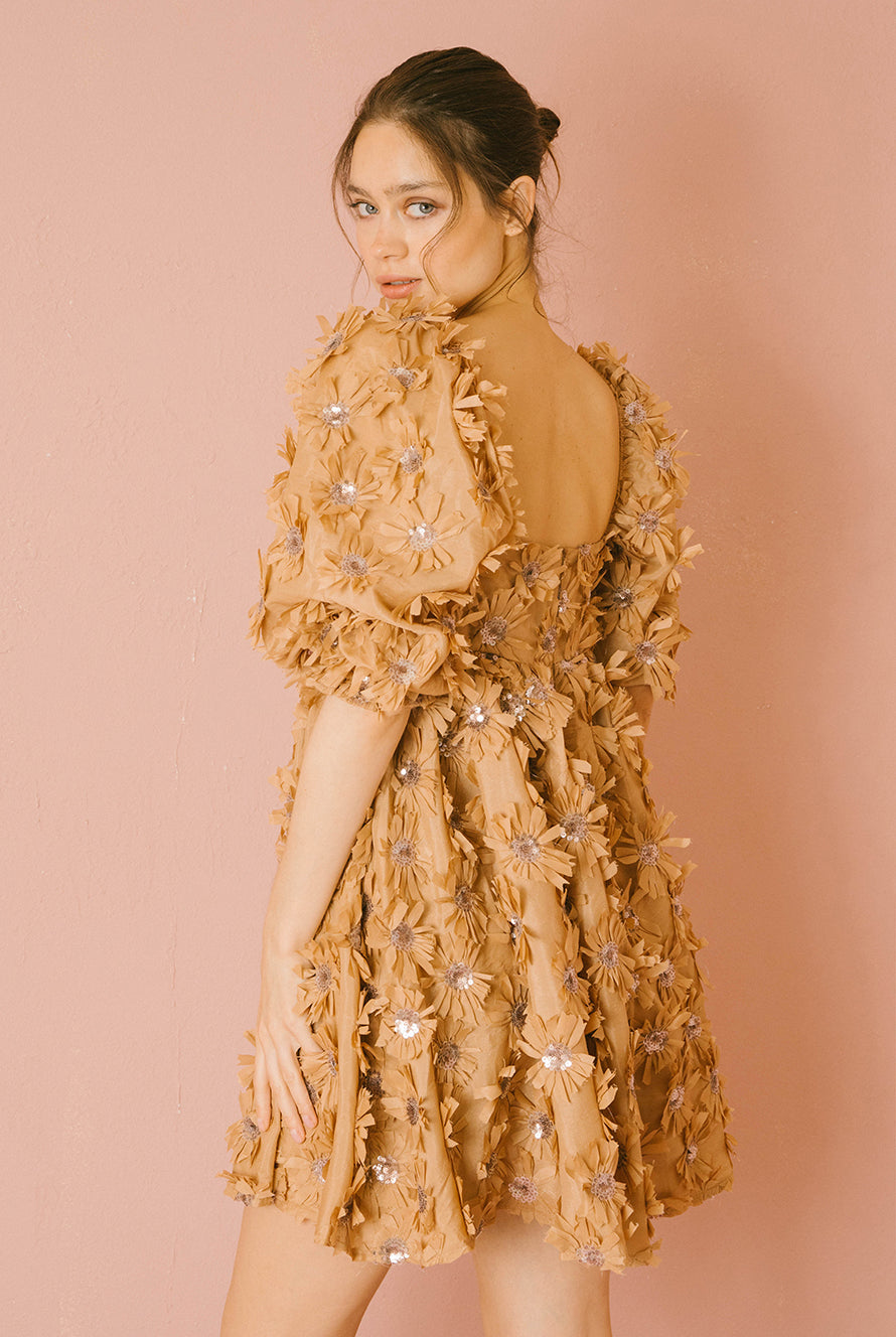 Kira Caramel 3D Floral Mini Dress Back