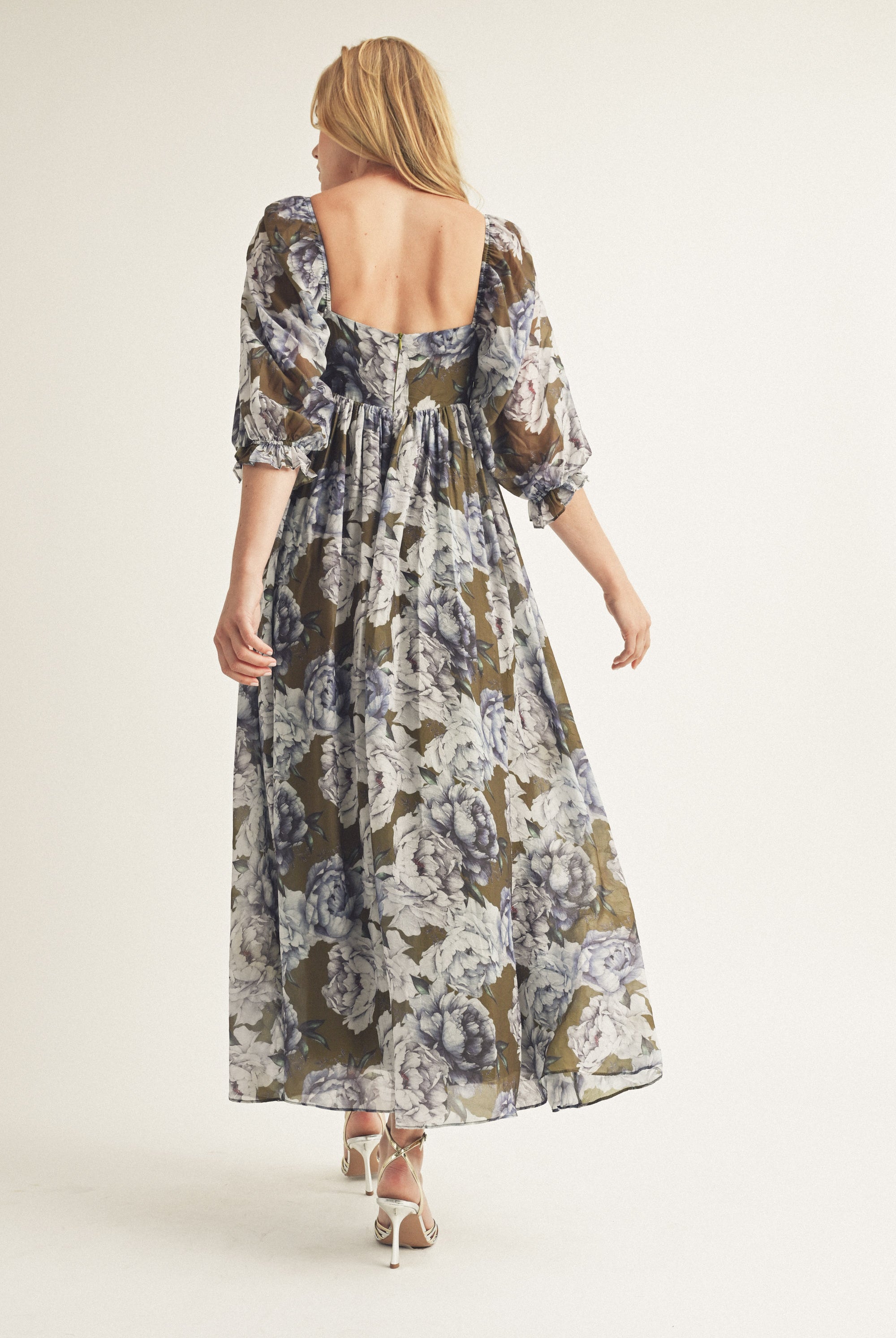 Catalina Olive Floral Maxi Dress Back