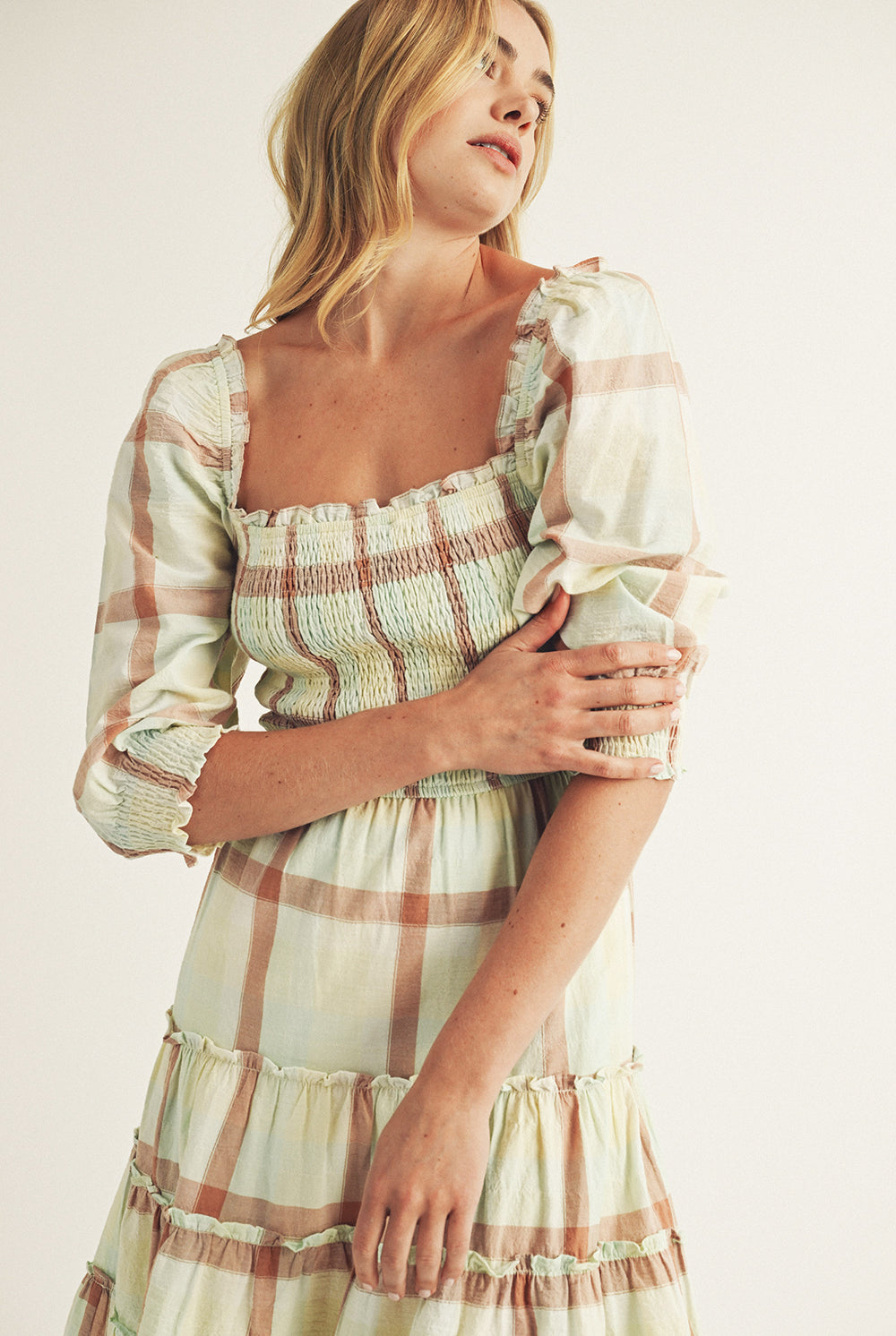 Elliana Mint Large Plaid Midi Dress Details