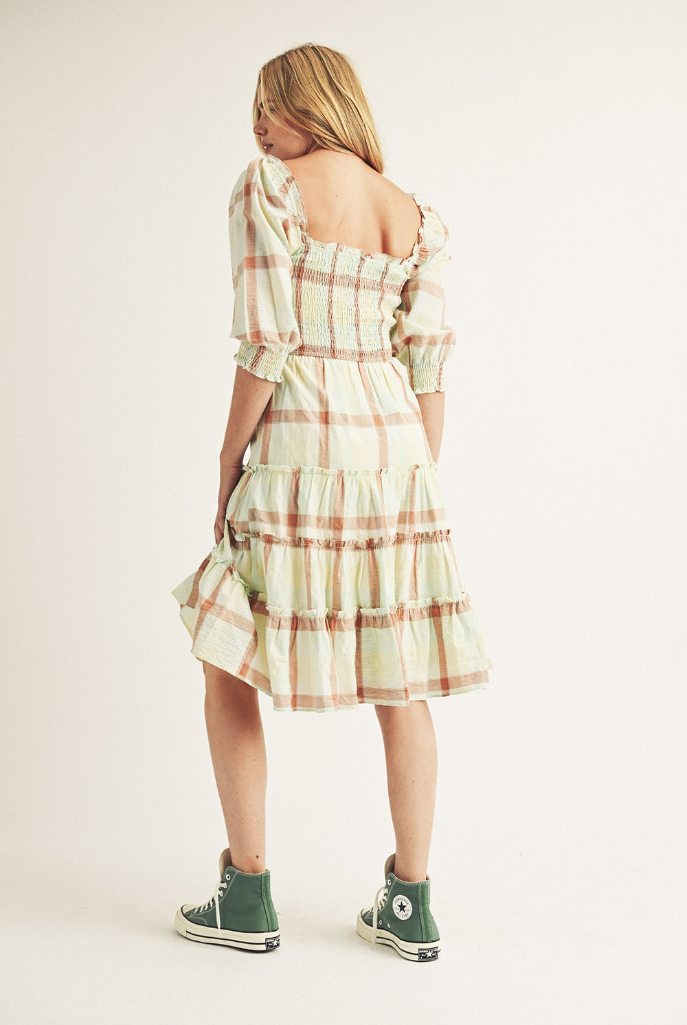 Elliana Mint Large Plaid Midi Dress Back
