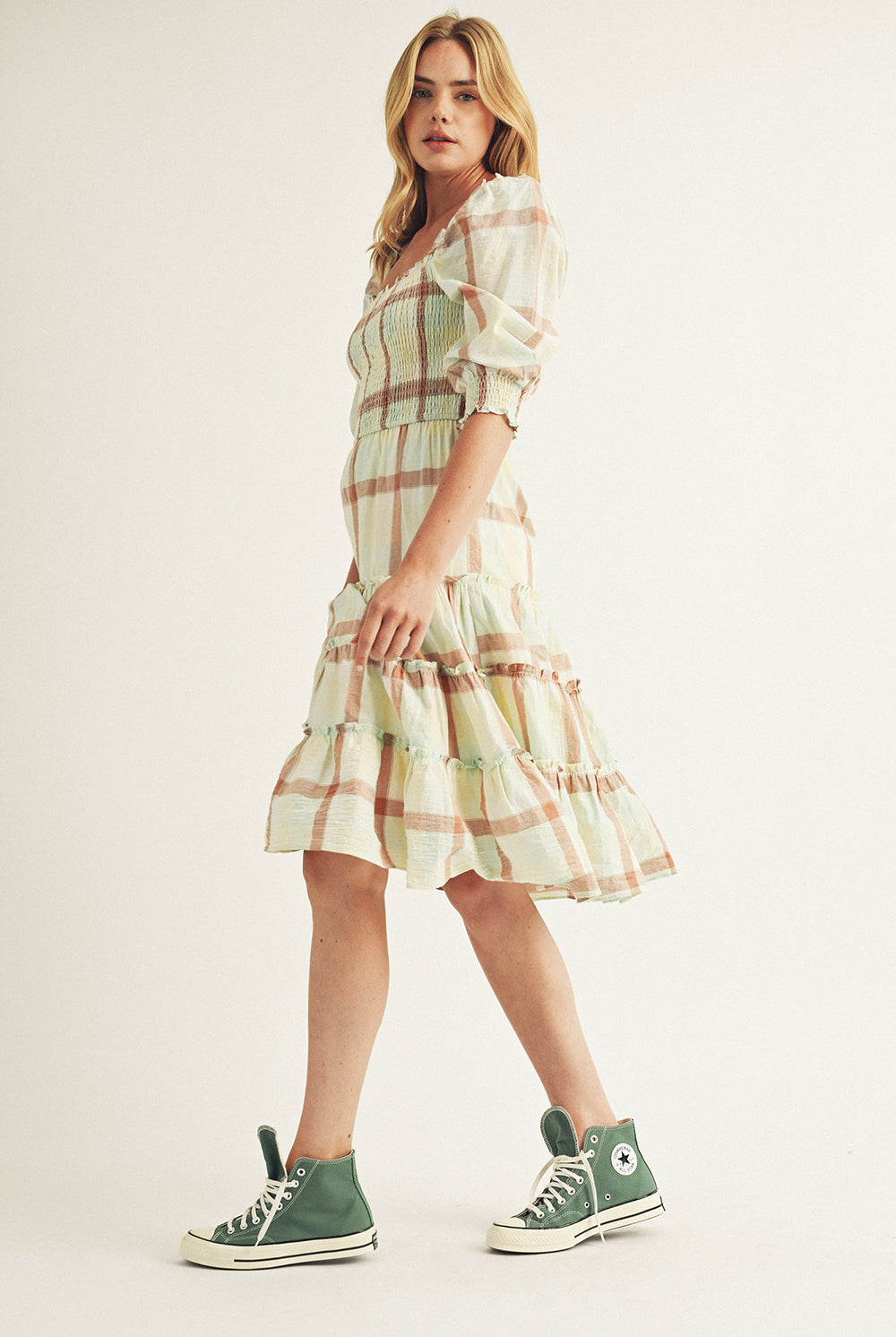 Elliana Mint Large Plaid Midi Dress Side