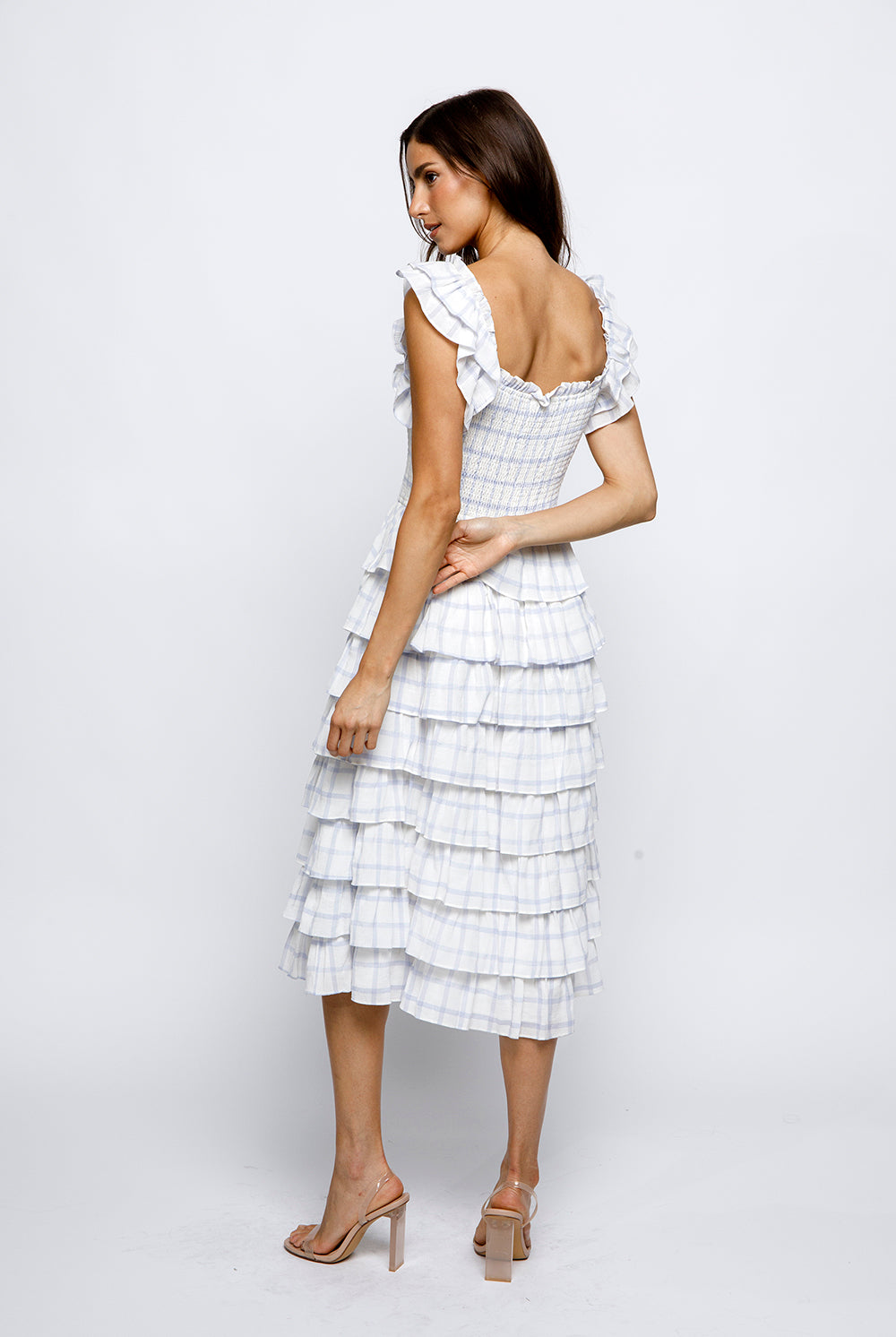 Rylee Blue Gingham Midi Dress Back