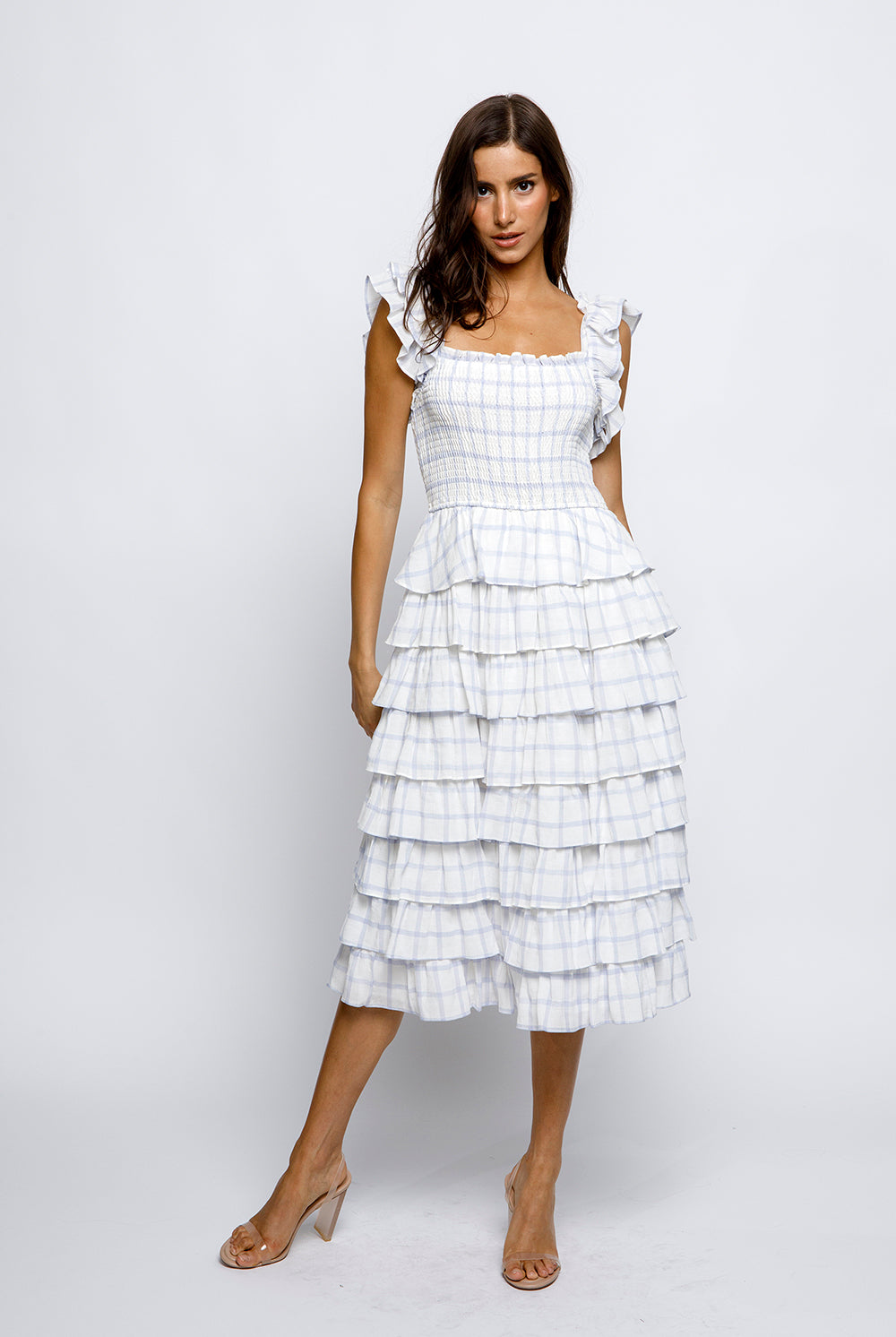 Rylee Blue Gingham Midi Dress Front
