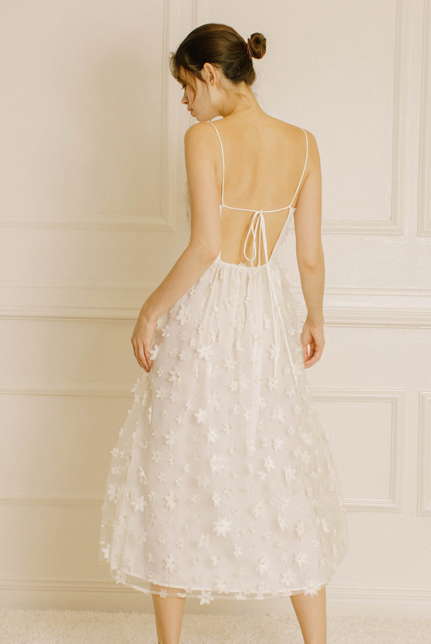 Mindy Ivory 3D Floral-Embroidered Midi Dress Back
