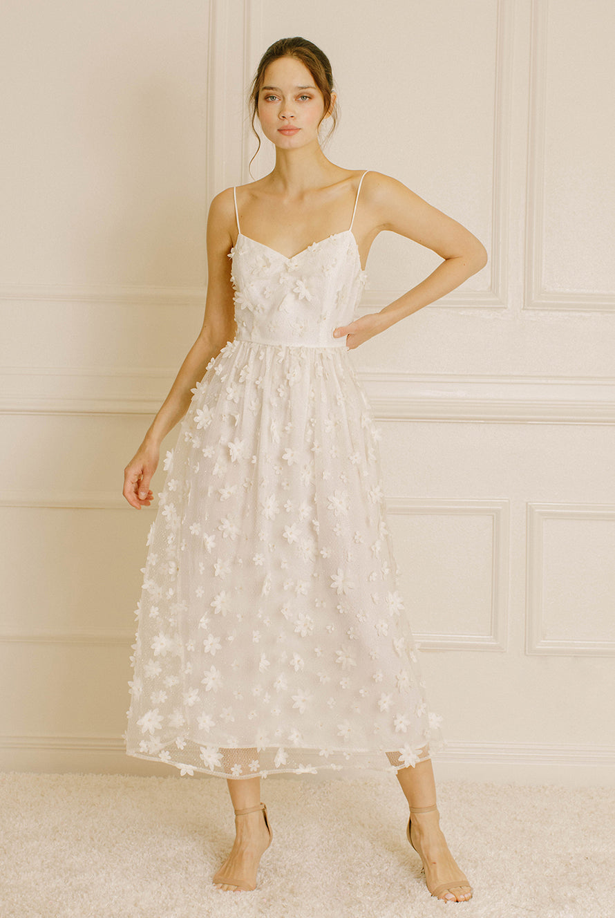 Mindy Ivory 3D Floral-Embroidered Midi Dress Front