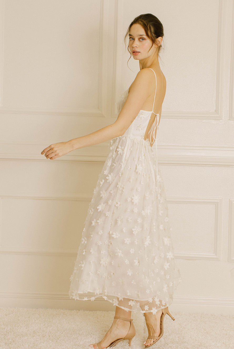 Mindy Ivory 3D Floral-Embroidered Midi Dress Side
