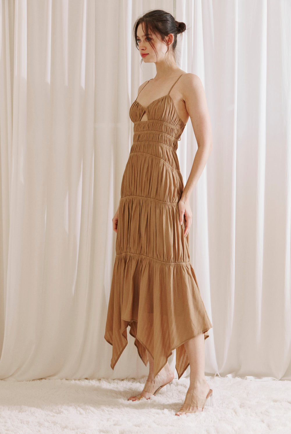 Johanna Asymmetrical Hem Chocolate Midi Dress Side