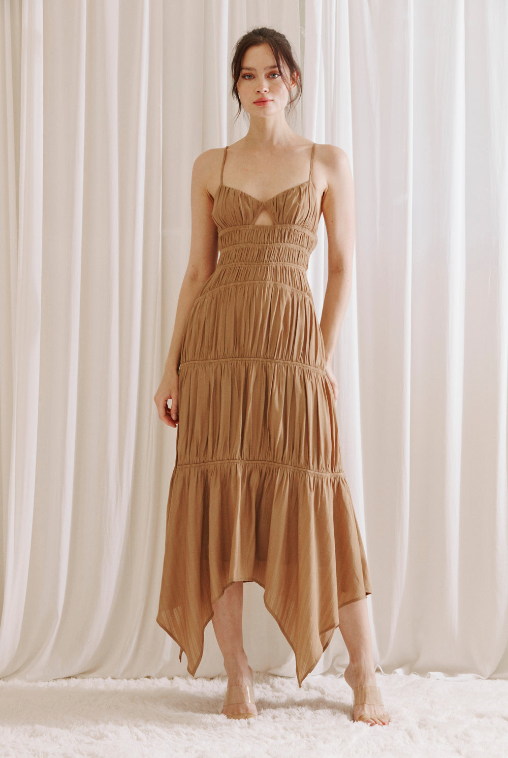 Johanna Asymmetrical Hem Chocolate Midi Dress Front