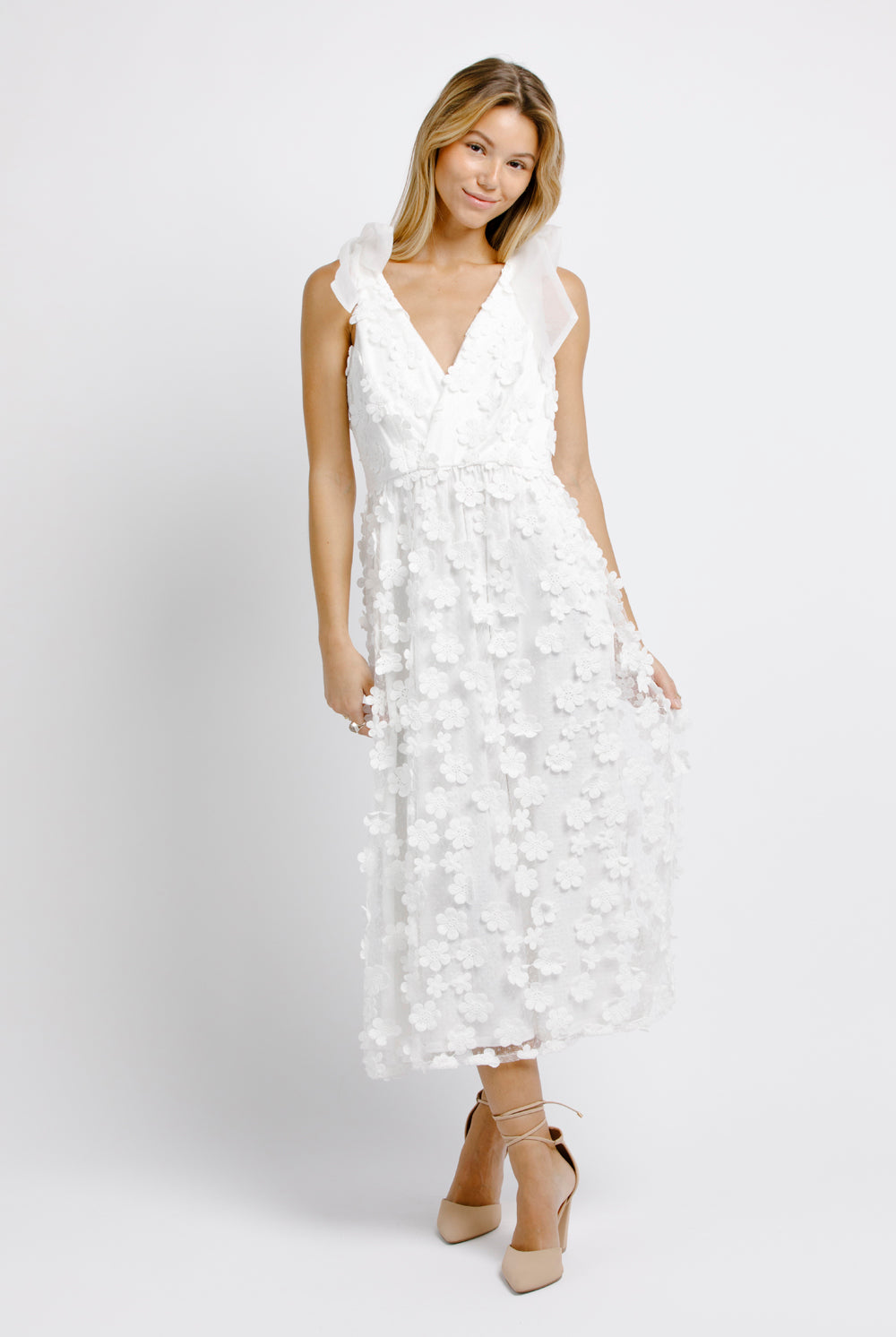 Adalynn White 3D Floral Embroidered midi dress Front