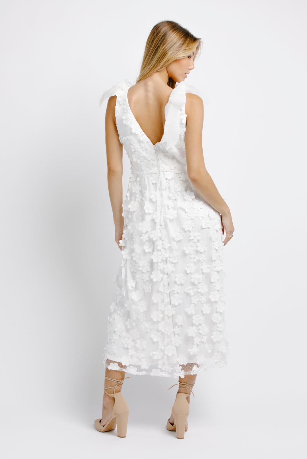 Adalynn White 3D Floral Embroidered midi dress Back