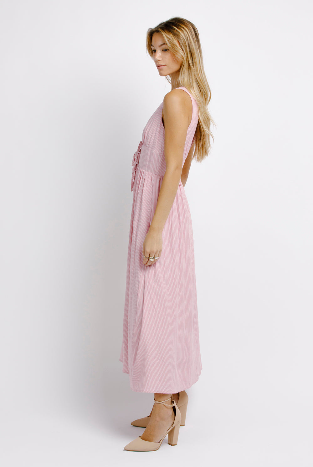 Sloane Deep V-Neck Pink Pinstripe Midi Dress Side