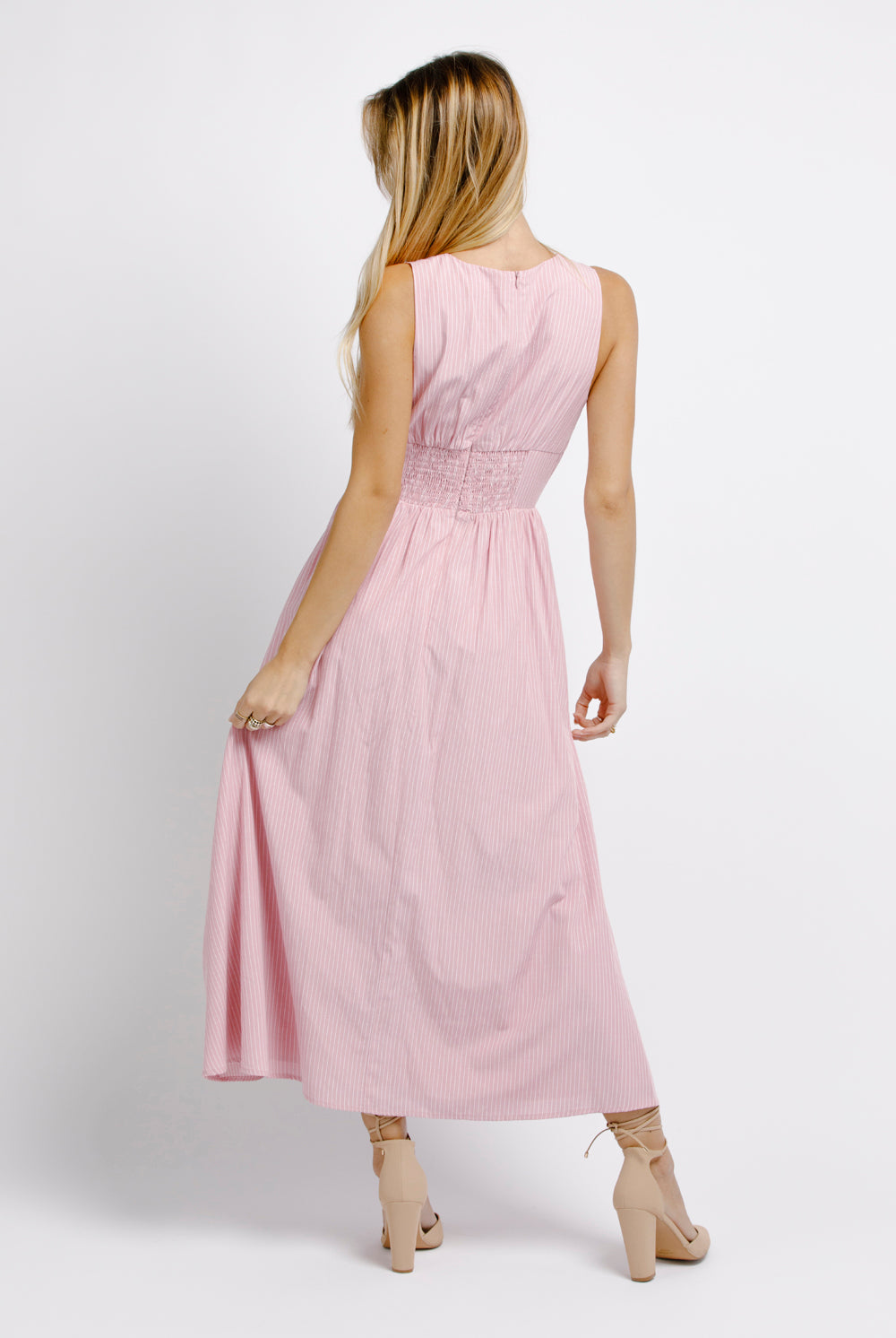 Sloane Deep V-Neck Pink Pinstripe Midi Dress Back