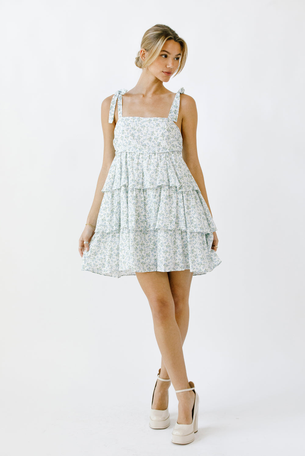 Marion Blue Floral Print Ribbon Tie Strap Dress Alternative