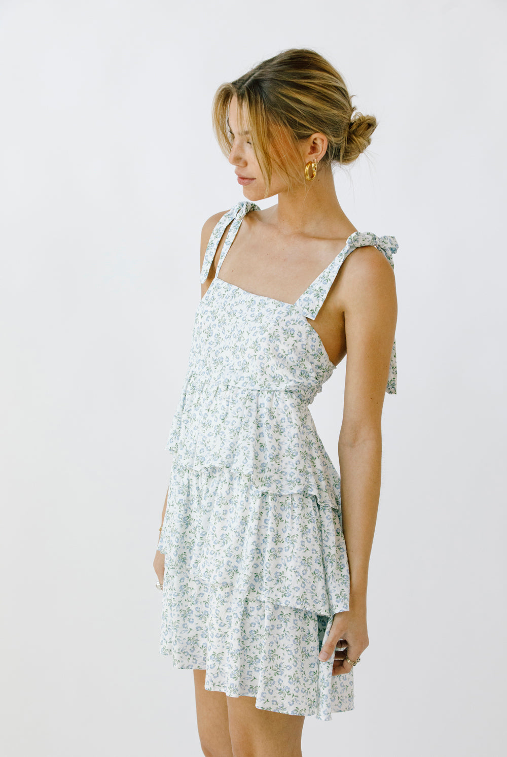 Marion Blue Floral Print Ribbon Tie Strap Dress Side