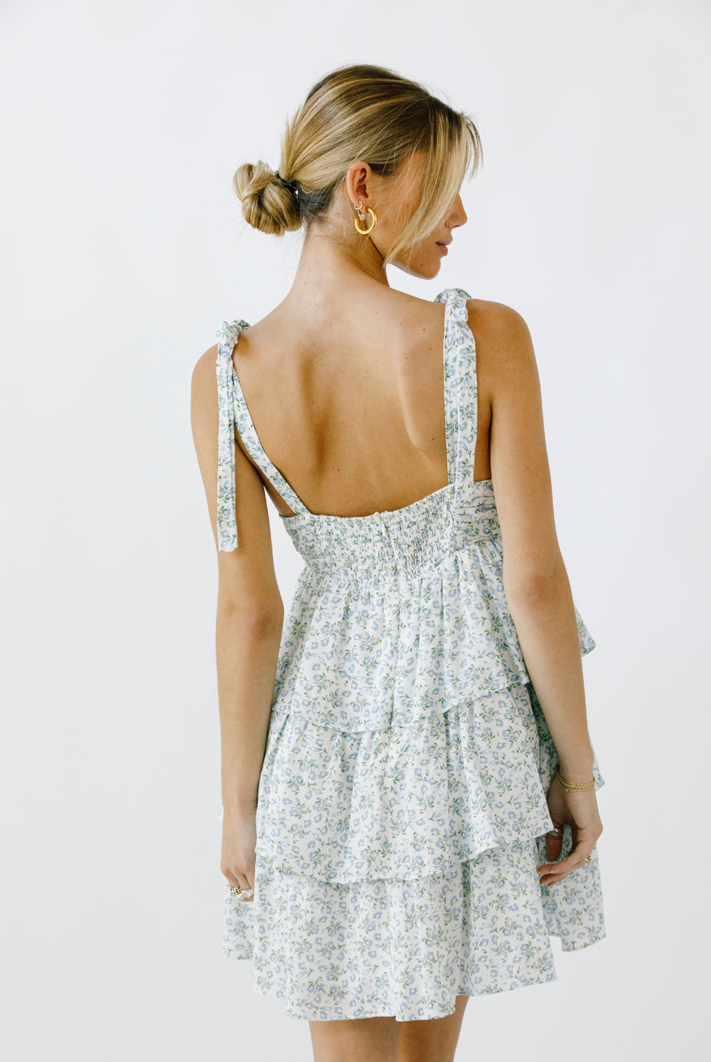 Marion Blue Floral Print Ribbon Tie Strap Dress Back