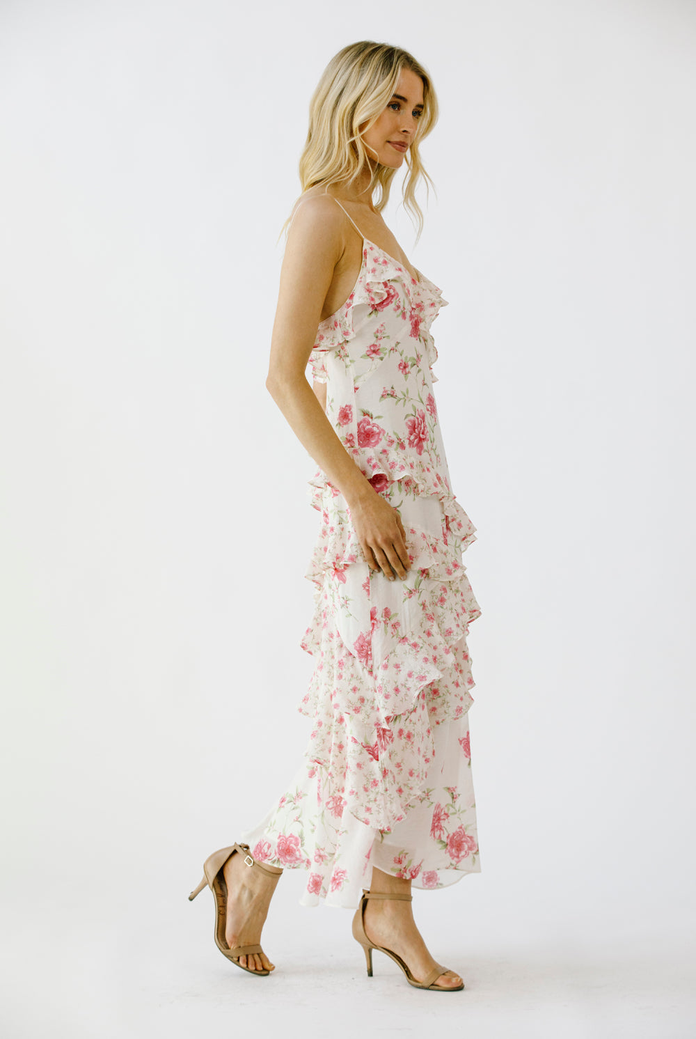 Beatrice Asymmetrical Floral Ruffle Dress Side