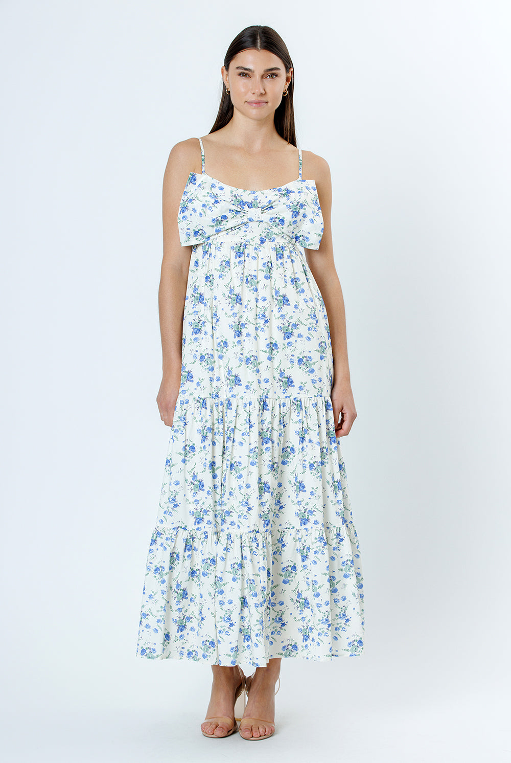 Sweet Summer Floral Bow Maxi Dress Front in Blue