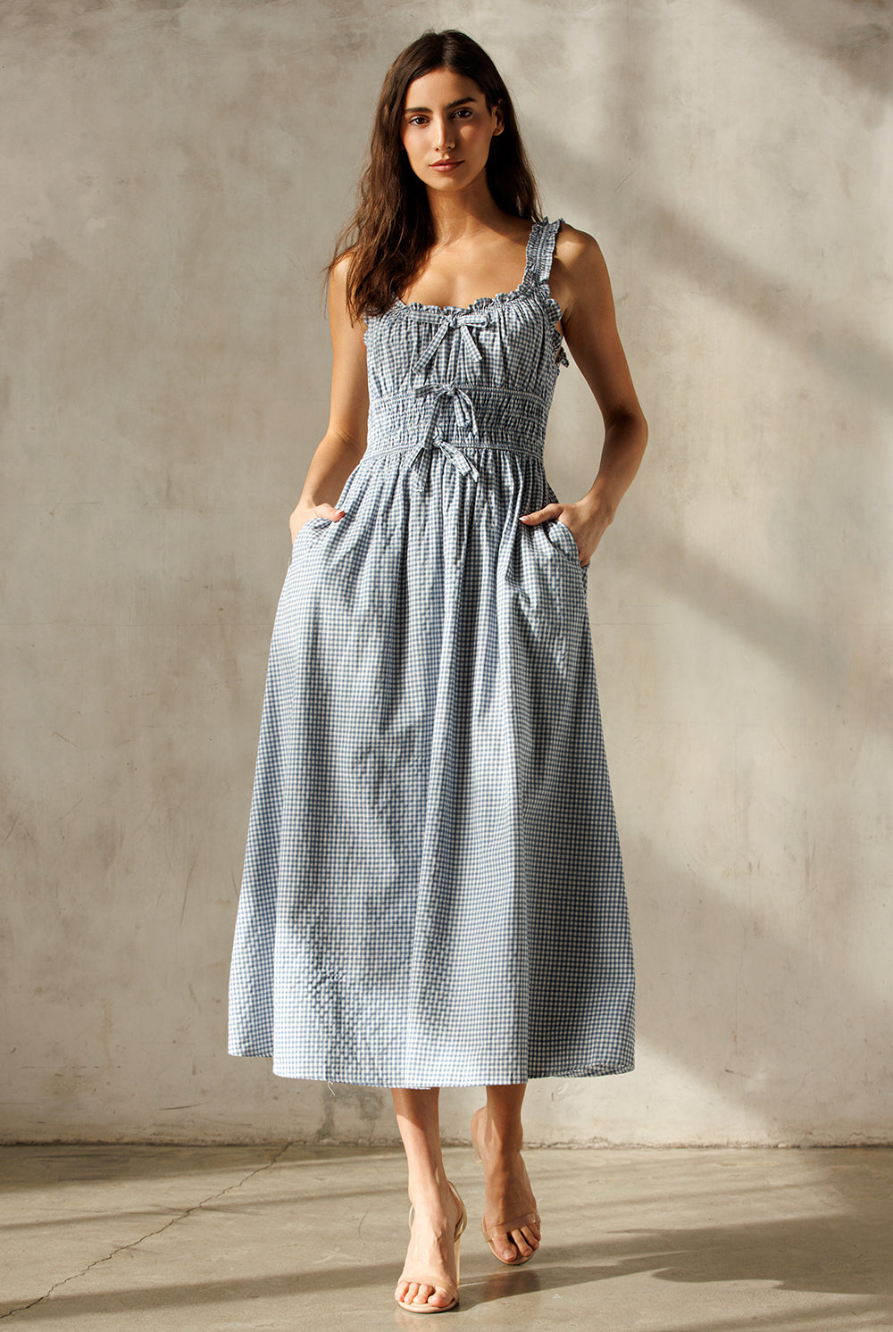 Ulla Blue and White Gingham Midi Dress Front