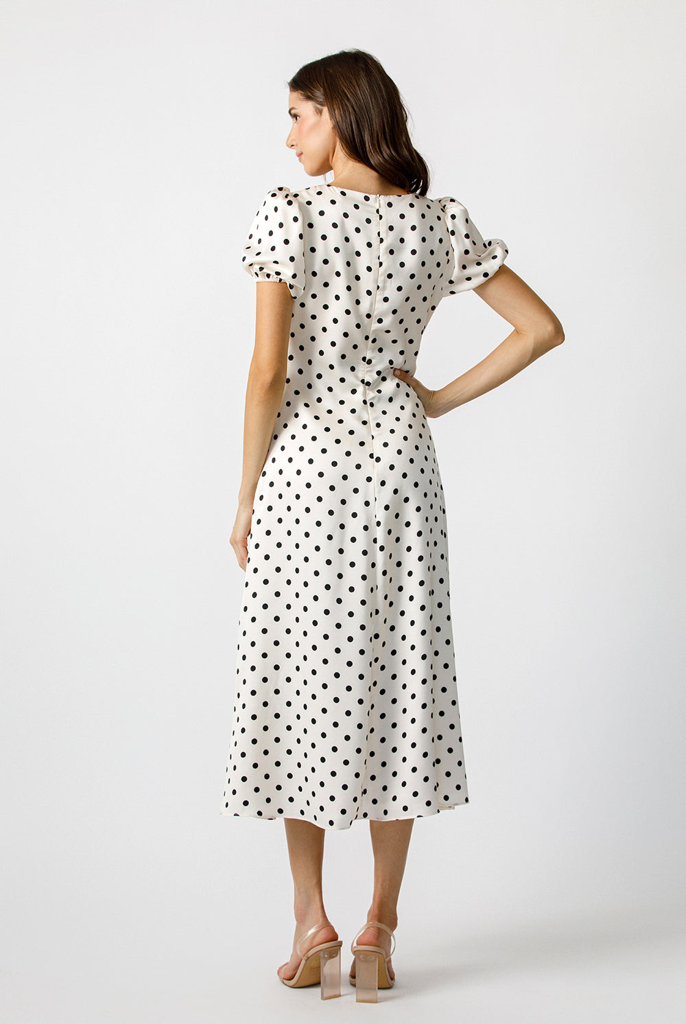 Clementine Satin Ivory Polka Dot Midi Dress Back