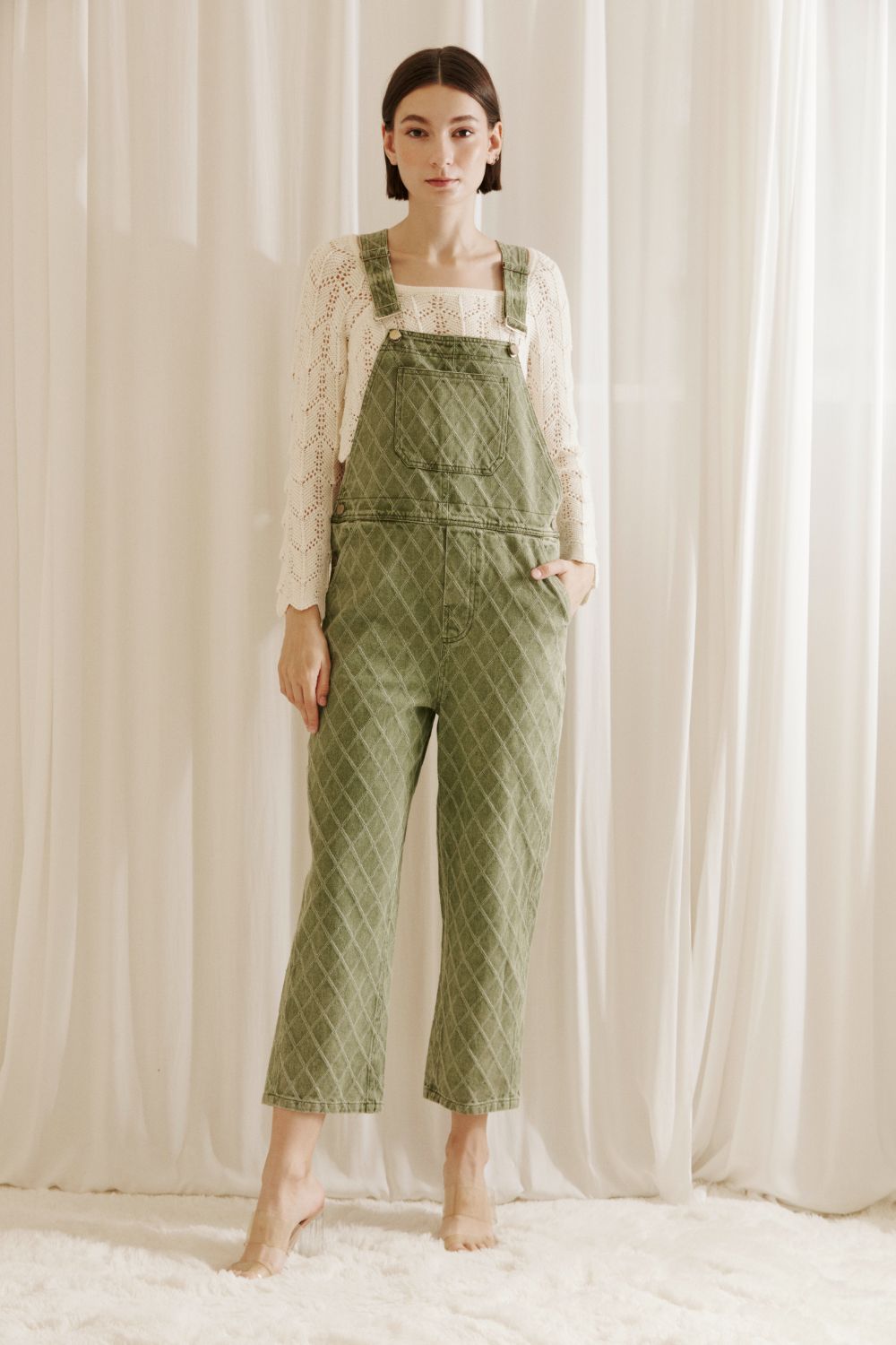 Rye Olive Denim Jacquard Overalls Front