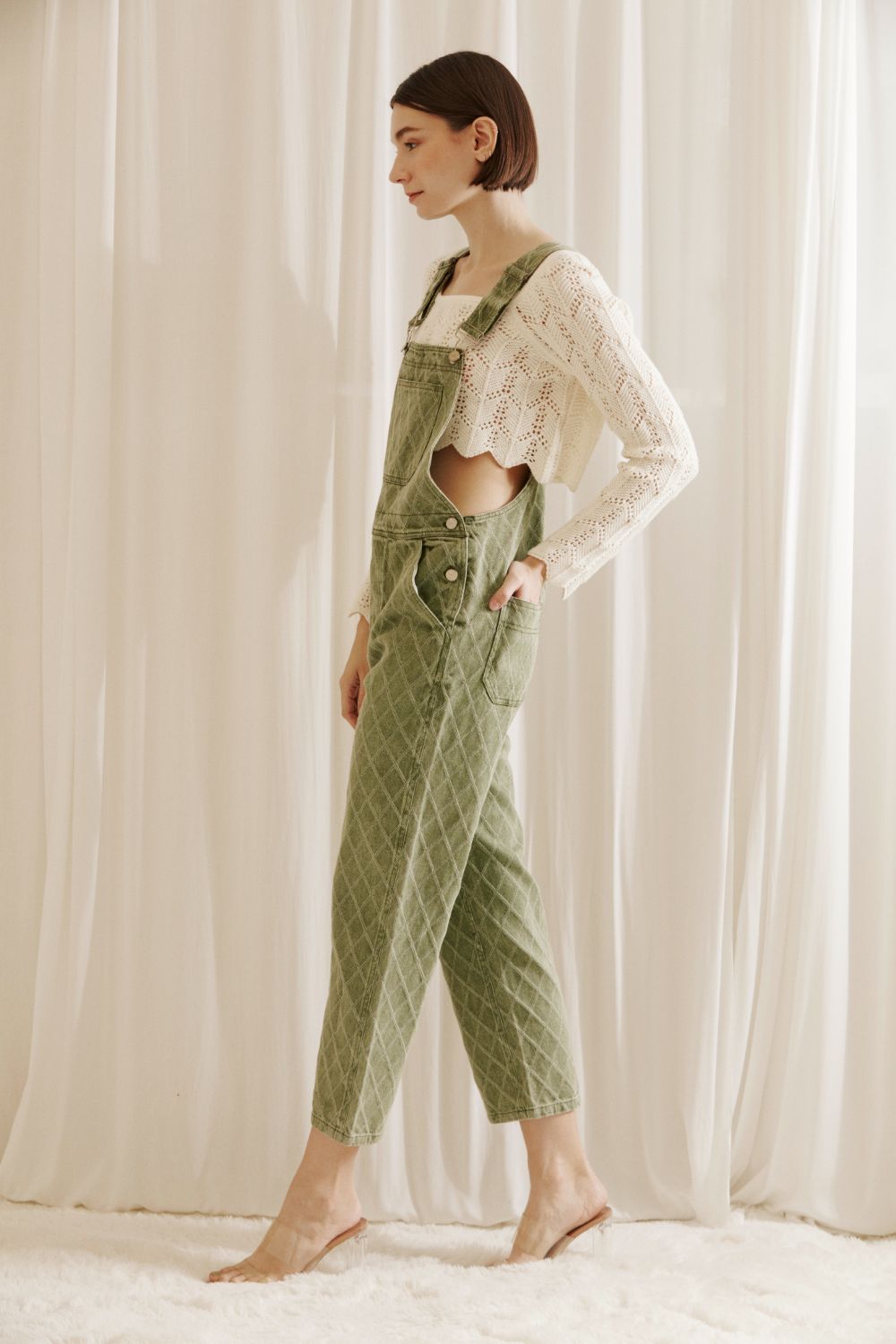 Rye Olive Denim Jacquard Overalls Side
