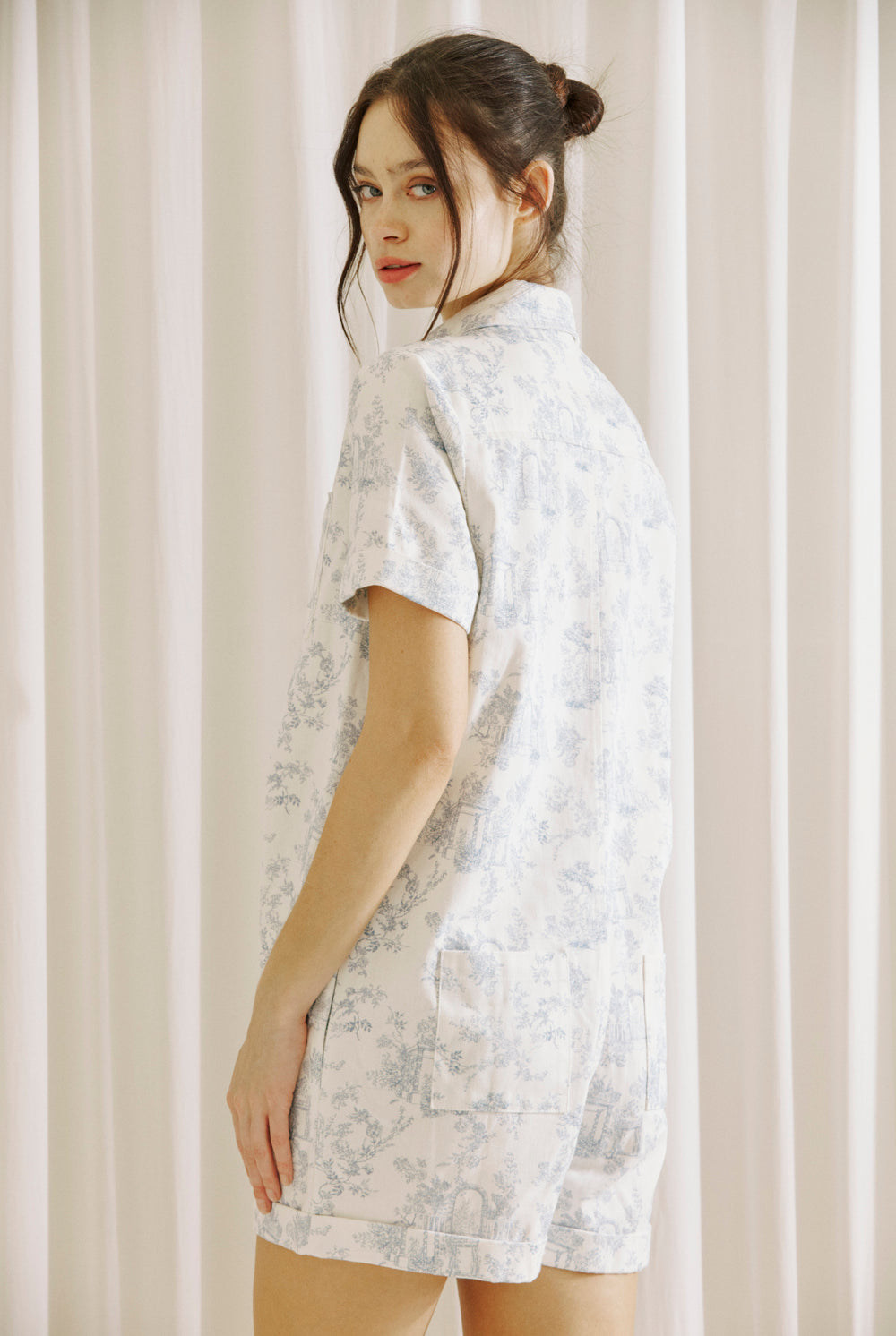 Cory Toile Print Denim Romper Back