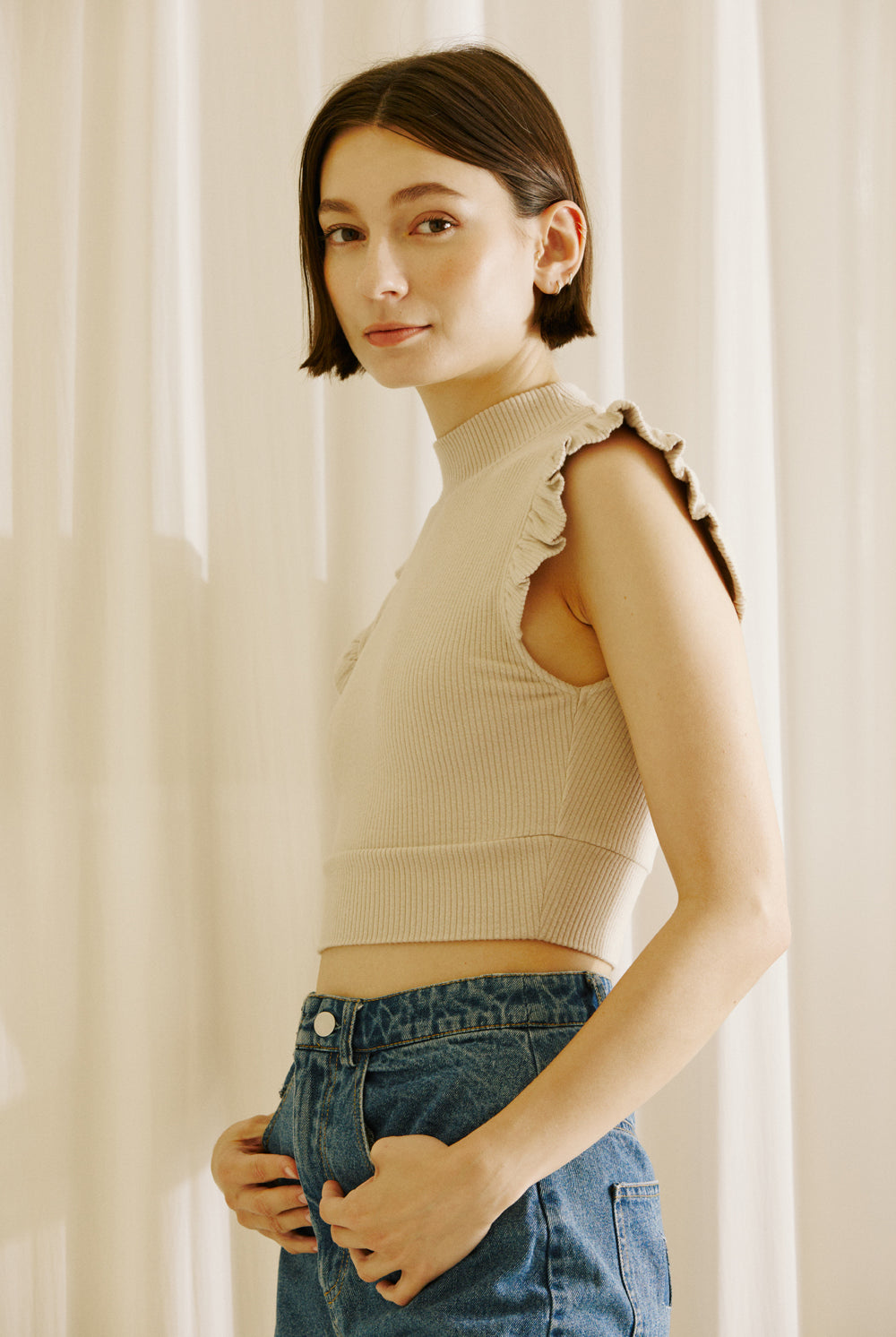 Salem Beige Ribbed Cap Sleeve Crop Top Side