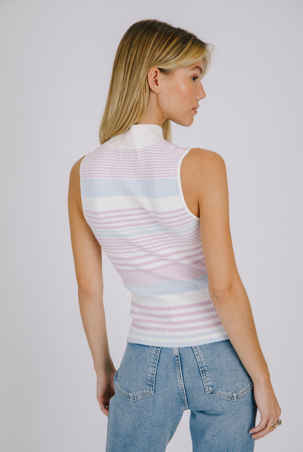 Dream Pastel Striped Mock-Neck Ribbed Knit Top Back