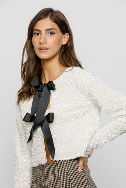 Shiloh Cream Tie-Front Sequined Jacket Side