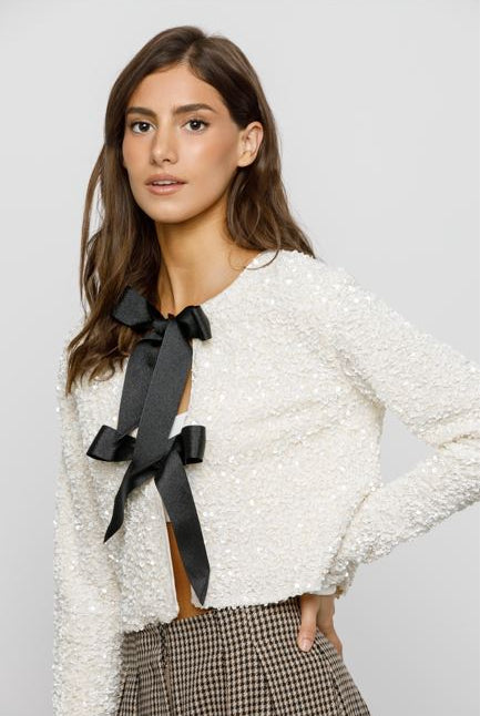 Shiloh Cream Tie-Front Sequined Jacket Side