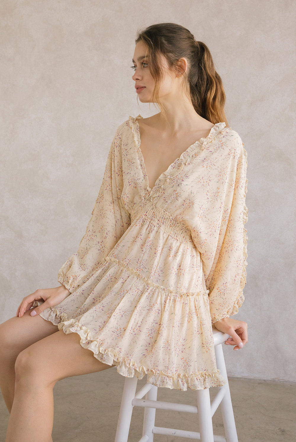 A model sitting on a white stool wearing a yellow dress with floral pattern against a gray wall