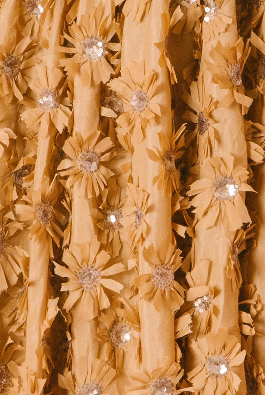 Caramel dress with 3D floral and sequins detail throughout