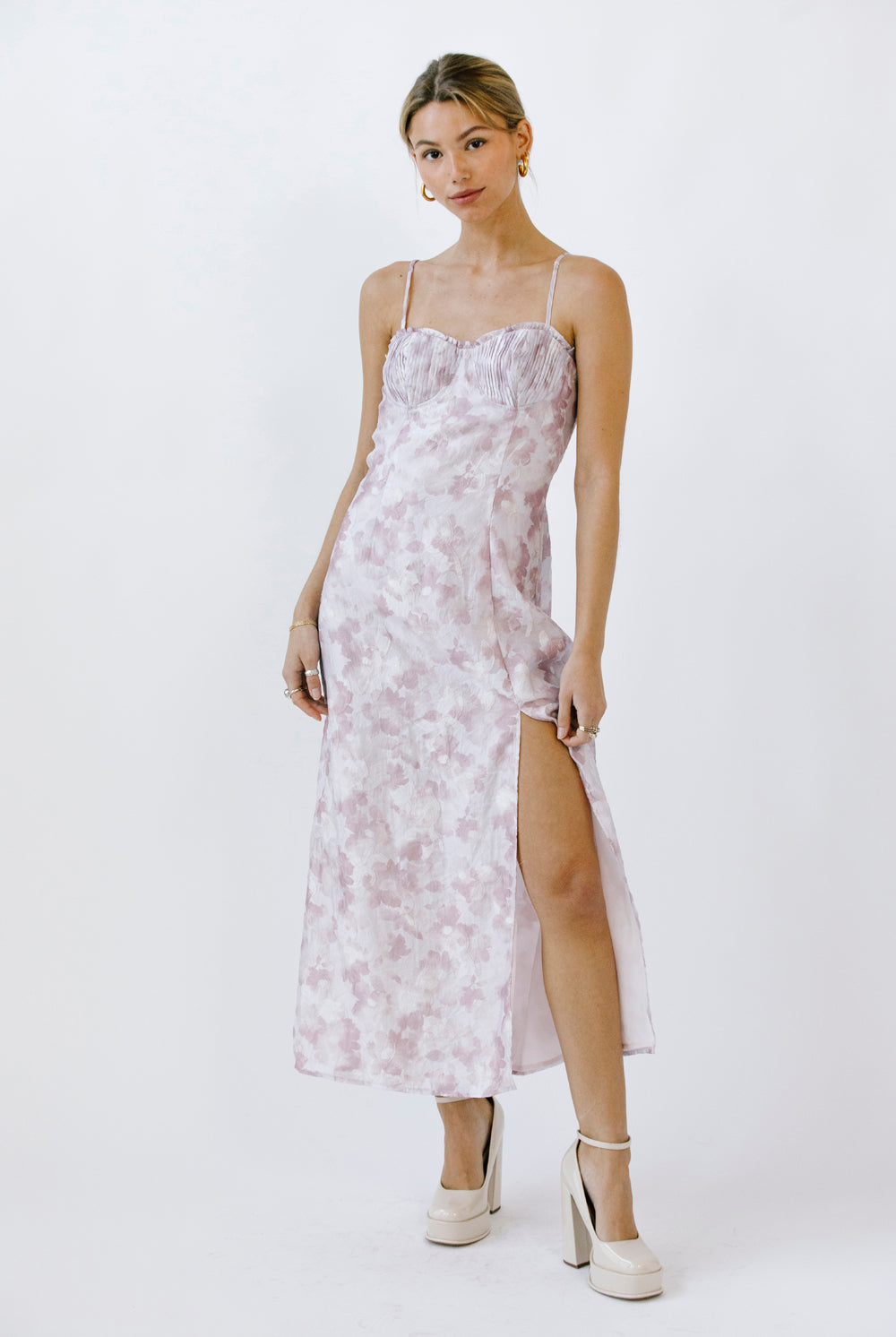 Carolina Lilac Floral Print Slip Midi Dress Front
