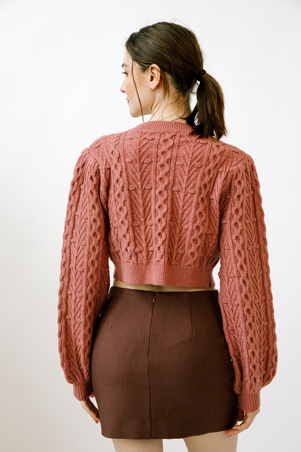Poppy Cable Knit Cardigan Back in Mauve