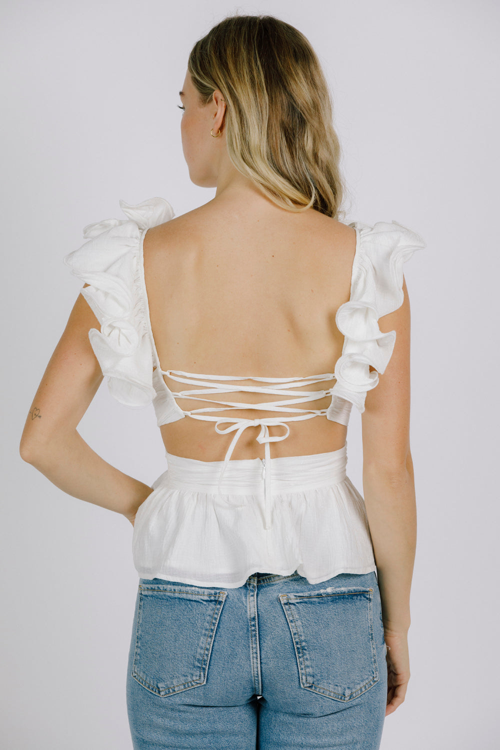 Millie White Ruffled Strap Top Back