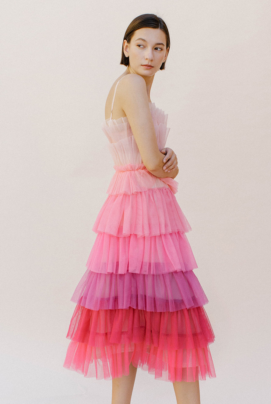 Elyna Pink Ombre Tulle Dress Back