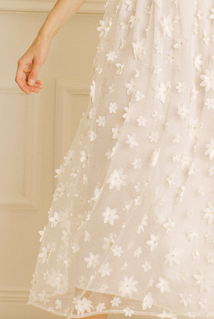 Mindy Ivory 3D Floral-Embroidered Midi Dress Details