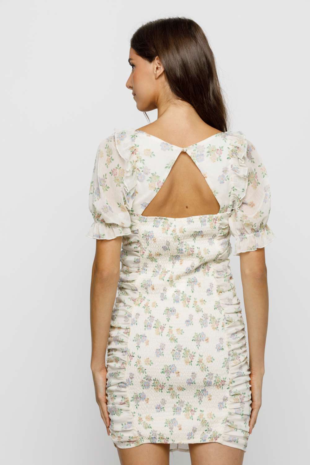 Bettina Floral Mesh Ruched Mini Dress back