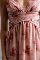 Close-up of a pink floral dress with a plain background