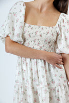 Ivory with pink rosebuds and flower jacquard print dress